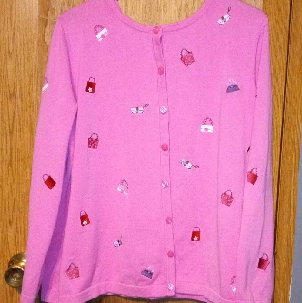 CJ Banks 1X Thin Pink Button Cardigan With Embroidered Designer Purses